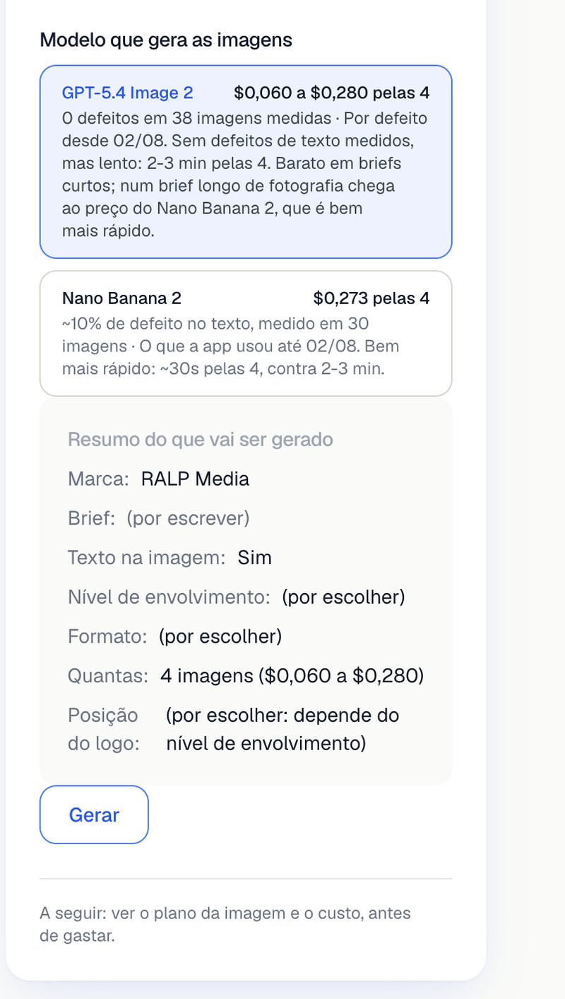 Ecrã real da Oficina Visual a mostrar os dois modelos de geração com o custo de cada um, e o resumo do que vai ser gerado com o custo total, antes de gastar.
