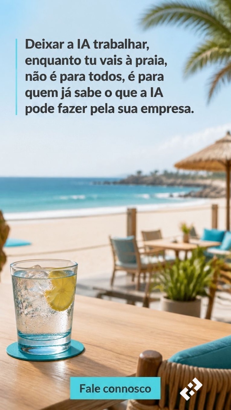 Variação 1 — criativo on-brand gerado para a RALP Media a partir de um único brief de texto, com o logótipo real colado por código. Esplanada de praia, título sobre o céu e chamada à acção em baixo.