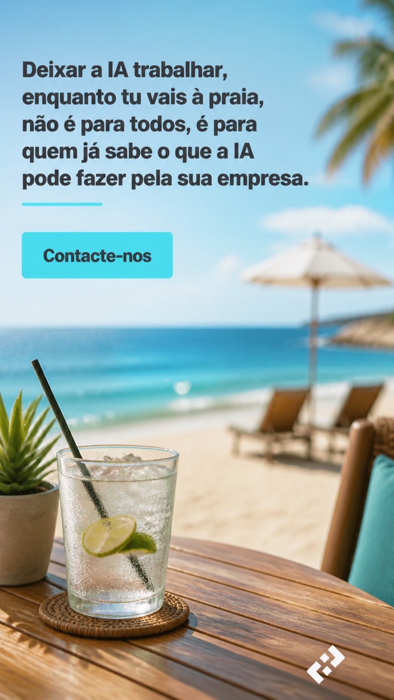 Criativo on-brand gerado pela Oficina Visual para a RALP Media a partir de um brief de texto: esplanada de praia, título da marca sobre o céu, chamada à acção em botão, e o logótipo real da marca colado por código.